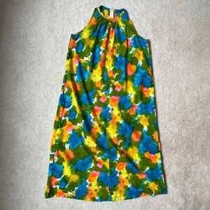 Vintage 1960s Karen Ann Hawaiian Maxi Dress, Neon Watercolor, Size M/L
